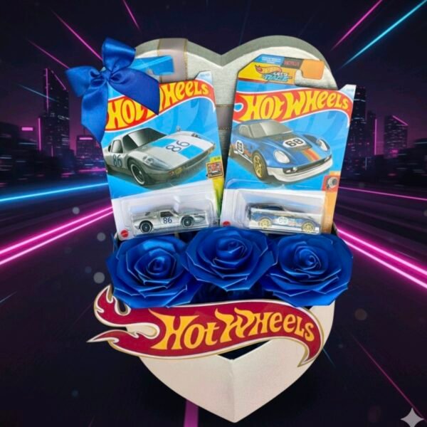 HotWheels Arreglo Corazón RosasAzules RegaloÚnico Temático DosCoches